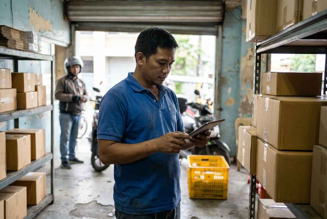 Courier hub dispatcher checking parcels on a tablet while a rider waits