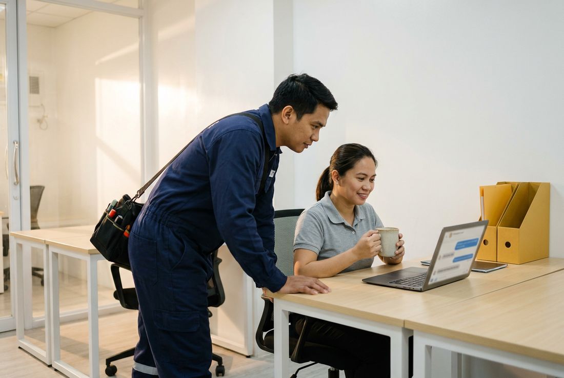 Office coordinator and a service technician checking overnight customer messages on a laptop at the start of the day